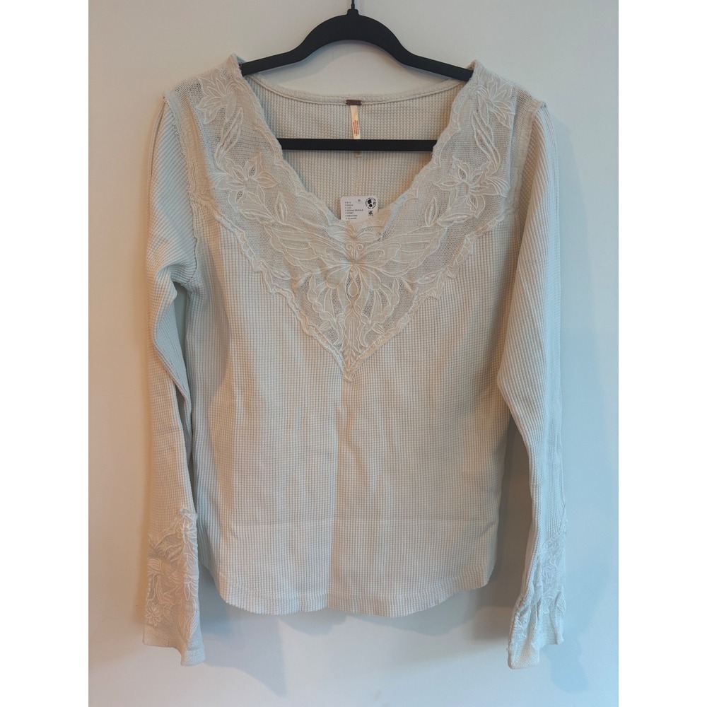 Free People Butterfly Cuff long sleeve thermal tee cream XL embroidered new nwt - Picture 8 of 11